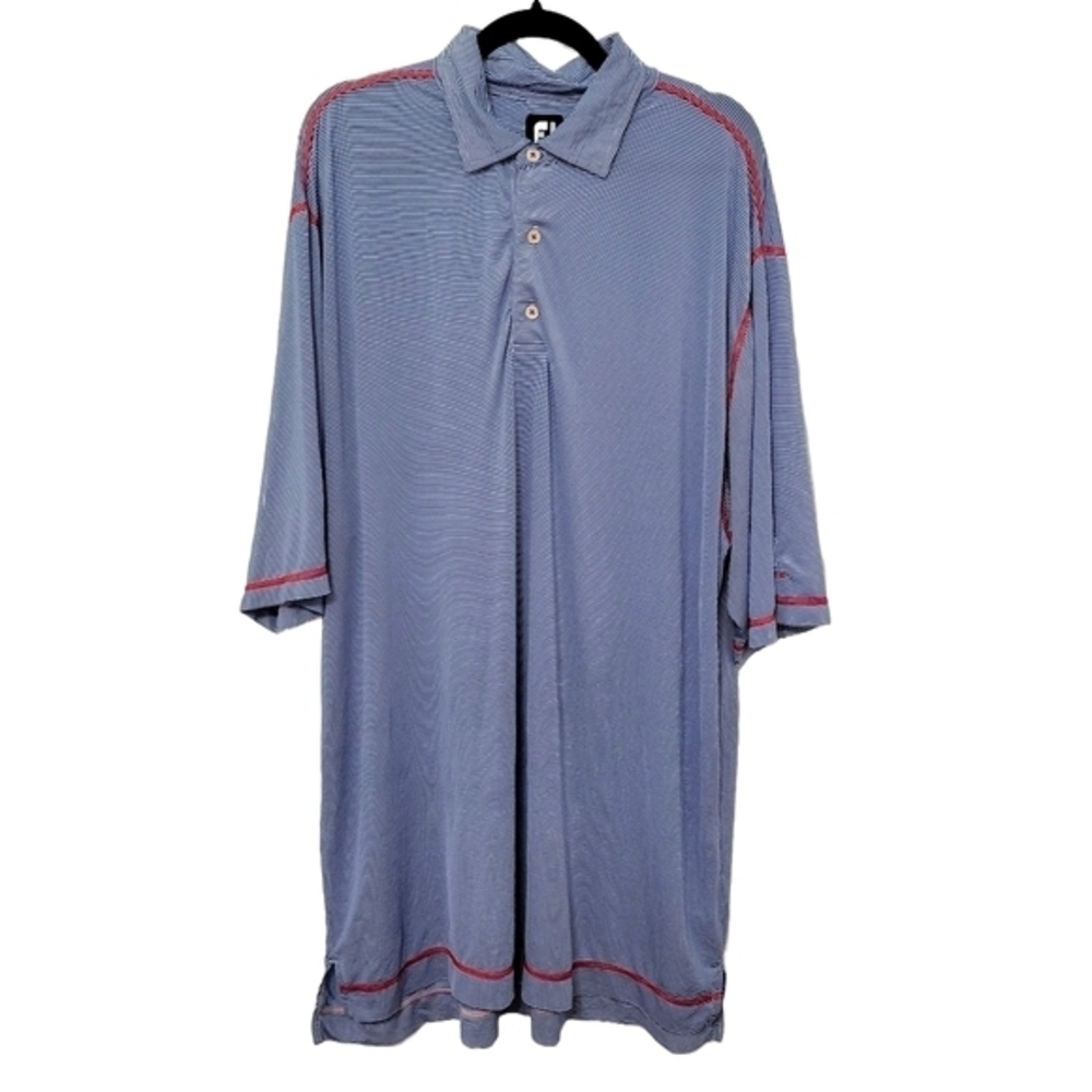 FootJoy Men's‎ Short Sleeve Striped Polo Shirt Blue White Stripe Red Stitching